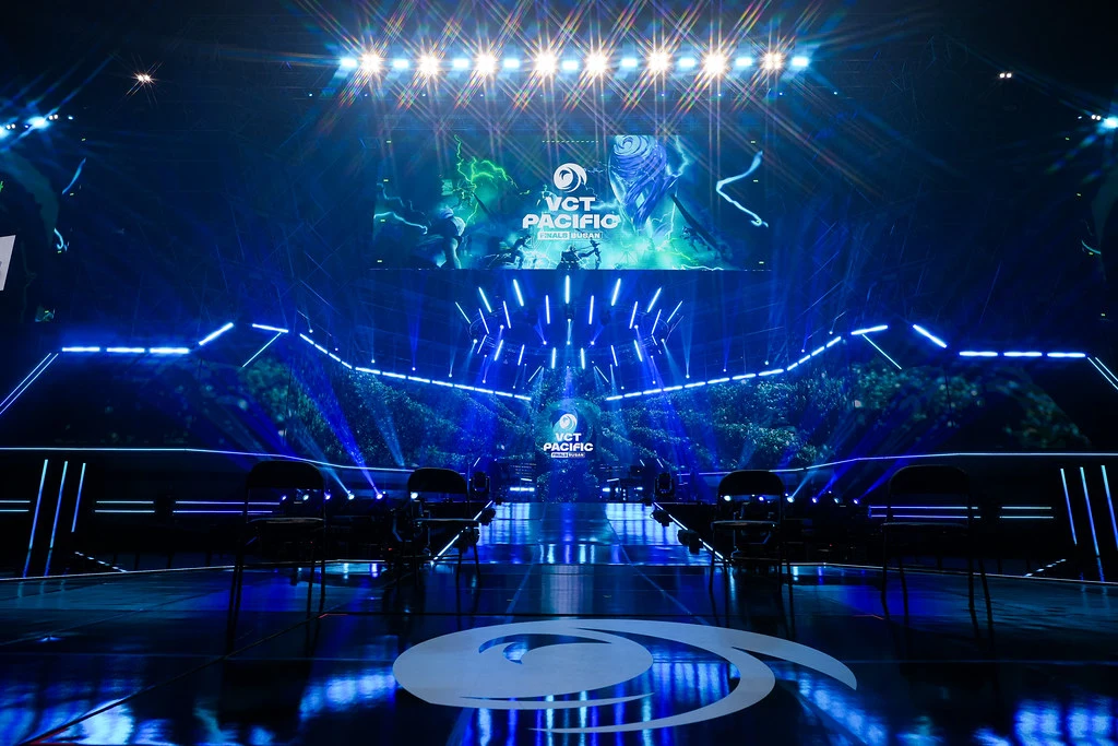 Empty VCT Pacific Finals Busan stage lit up before the Grand Final